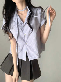 Short-sleeved Shirt Loose Women's Short Striped Shirt