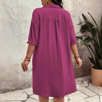 Loose-fitting Casual Cotton-linen Dress With A Turn-down Collar And Three-quarter-length Sleeves