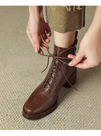 Retro Brown Leather Lace-up Boots
