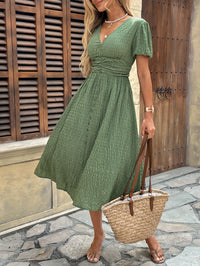 V-neck Pleated Buttoned Lantern-sleeve Dress