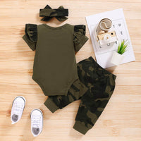 Short Sleeves For Baby And Infants Letter Romper Camouflage Pants Three-piece Set