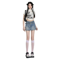 A-line Figure-flattering Vintage-style Lined Blue Denim Skirt For Women