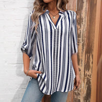 Womens Fashionable Striped Printed V-Neck Slim-Fit All-Match Long-Sleeve Shirt