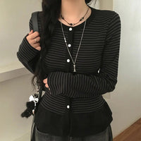 Retro Cake Hem Cardigan Striped Crew-Neck Womens Blouse