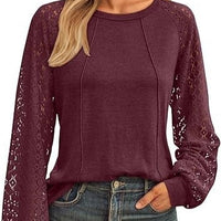 Women's Lace Patchwork Round Neck Pleated Long Sleeve Top