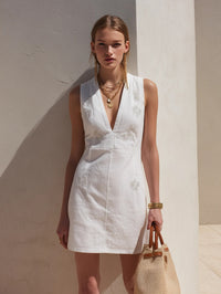 Elegant White Cotton-Linen Embroidered V-Neck Mini Dress For Women