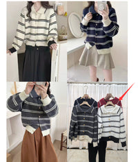 Korean Style Contrast Color Striped Lapel Sweater Cardigan