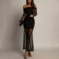 Off-the-shoulder Mesh-panel Fitted Long-sleeve Dress