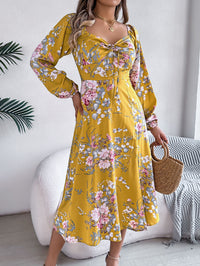 Womens Sexy Lace-Up Knot-Details Floral Long-Sleeve Slit Dress