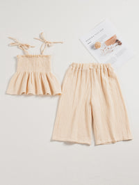 Girls' Beige Solid Color Cotton Suspender Trousers