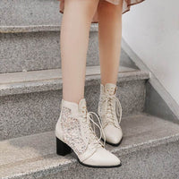 Lace Hollow-out Spliced Chunky Heel Lace-up Women's Ankle Boots