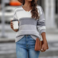 Loose V-neck Color-block Striped Sweater