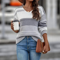 Loose V-neck Color-block Striped Sweater