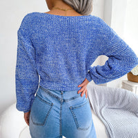 Women Colorful Cross V-Neck Lantern Sleeve Cropped Sweater