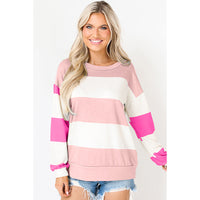 Spring Striped Drop-shoulder Long-sleeve Color Contrast Patchwork Pullover