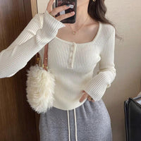 Inner Square Collar White Design Long Sleeve Knitted Sweater