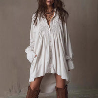 Notch-lapel Long-sleeve Flared-sleeve Button-front Mid-length Shirt
