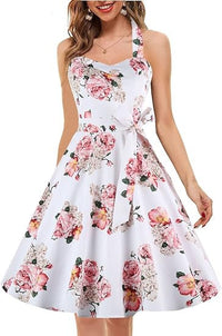 Womens Neck-Hanging Tube Top Sleeveless Printed Retro Maxi Dress