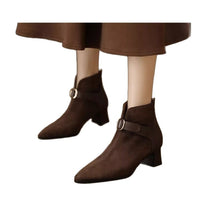 Pointed-toe Suede Belt-strap Mid-heel Ankle Boots