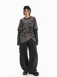 American-style Retro Letter-print Striped Long-sleeve Top
