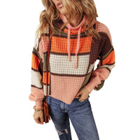 Women's Casual Waffle Color Matching Long Sleeve Drawstring Stand Collar Sweater