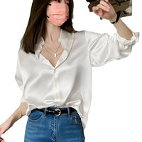 Womens French Satin Silk Long-Sleeve Shirt