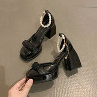 Women's New Fashion Pearl Chunky Heel Square Toe Leather Shoes