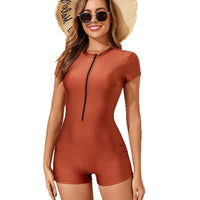 Solid Color Zipper One-pieces Short Sleeve Beach Sports Swimwear