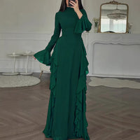 Elegant Casual High-Waisted Solid-Color Flare-Sleeve Dress