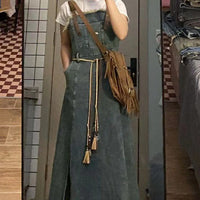 Retro Washed Raw Edge Denim Suspender Skirt