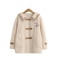 Cute Rabbit Embroidered Fur One Lamb Fur Navy Collar Short Coat Girl