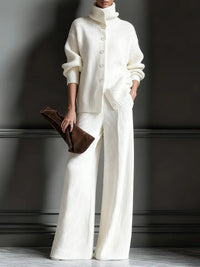Stylish Womens Casual Knit Turtleneck Wide-Leg Set