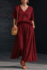 Cotton-linen V-neck Button-up Short-sleeve Top And Skirt Set