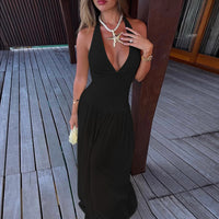 European And American Style Halterneck Vacation Pleated A-Line Long Dress