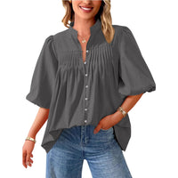 Loose Style Button Shirt Casual Pleated V-neck Shirt