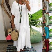Casual Slash Neck Short Sleeve Cotton Linen Solid Color Womens Dress