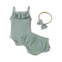 Children's Clothing Baby Solid Color Three-piece Set Sunken Stripe Strap Lace Multi-layer Edge Romper