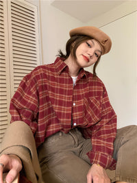 Polo Collar Brushed Shirt Women's Plaid Coat Top