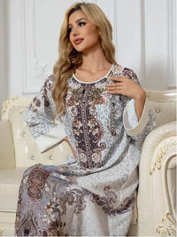 Elegant Floral Print Long Sleeve Abaya Dress