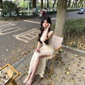 Small Flutter Sleeves Waist-cinching Mesh Skirt Asymmetrical Long Dress