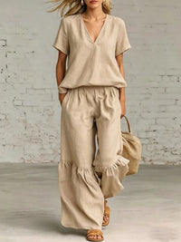 Womens Casual Solid Color V-Neck Loose Short-Sleeve Pants Set
