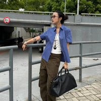 Blue Short Sleeve Plaid Shirt Female Summer Retro Loose Casual