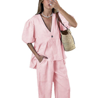 Womens Vacation Short-Sleeve T-Shirt And Straight-Leg Pants Set