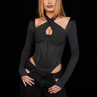 Halterneck Jumpsuit Solid Color See-through Long Sleeves