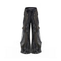 Structure Leather Patchwork Men's Summer Snake Bone Pleated Wide Leg Mop Pants