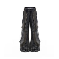 Structure Leather Patchwork Men's Summer Snake Bone Pleated Wide Leg Mop Pants