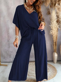 V-neck Batwing-sleeve Top And Loose Wide-leg Pants Solid-color Casual Womens Set