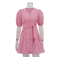 Womens V-Neck Puff-Sleeve Single-Breasted Lace-Up High-Waist Dress