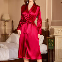 Red Ice-silk Long-sleeve Nightgown Morning Robe With A Luxurious Satin Feelelegant Loungewear For The Home