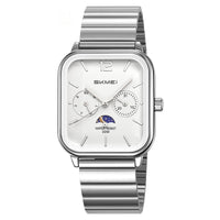 Stylish Multifunctional Square Watch With A Six-hand Moon Phase Display Designed For Business And Featuring Water Resistance